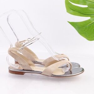 Paul Andrew Womens Sandal Size 37 7 Tan Nude Suede Thong Metal Ankle Strap Italy